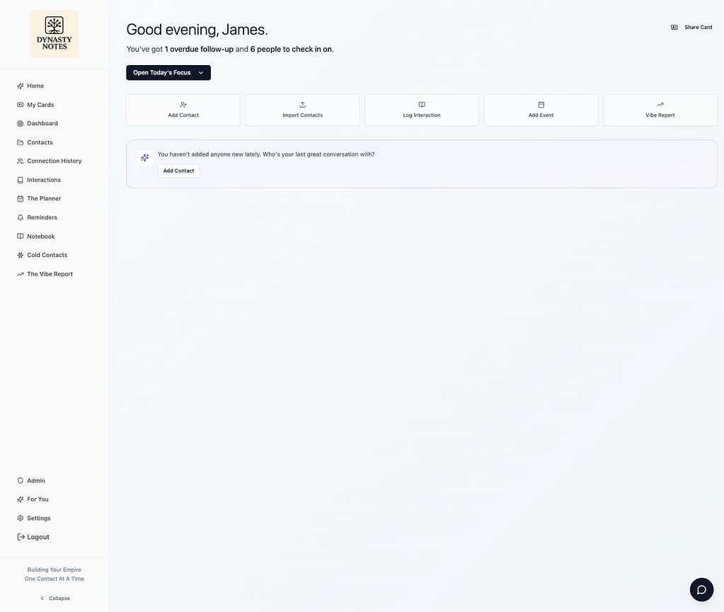 Home page on Dynasty Notes Lifestyle CRM