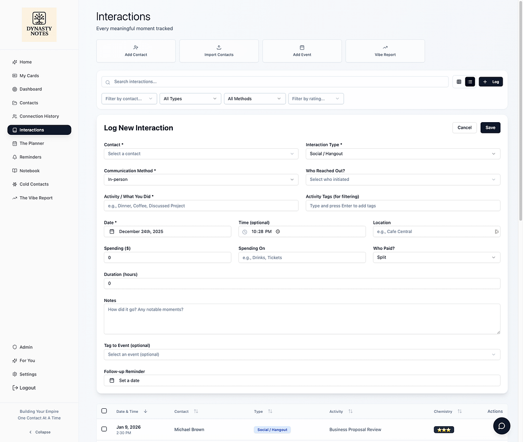 Interactions on Dynasty Notes Lifestyle CRM