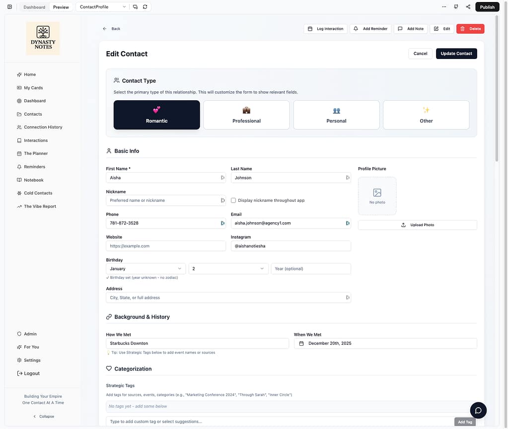 Dating Contact Relationship Management app - Dynasty Notes